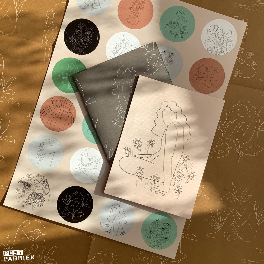 Groot vel cadeaupapier, stickers, briefpapier en kaart met lijntekeningen van Alja Horvat uit Flow Book for Paper Lovers 9.