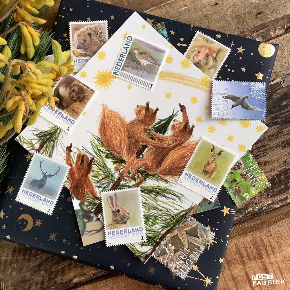 Op de foto: verschillende postzegels en een kaartje met eekhoorntjes van Coheem. Postzegels worden in het nieuwe jaar weer een beetje duurder. Je kunt postzegels inslaan voor de oude prijs, daar heb je in het nieuwe jaar plezier van!