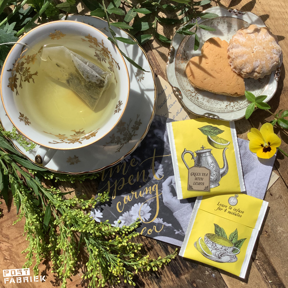 Biologische groene thee met citroen van Picnic apart verpakt in mooie zakjes.